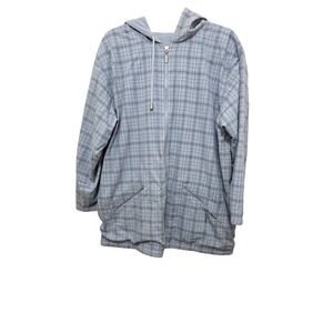 Liz Claiborne Liz & Co Reversible Hooded Jacket M Light Blue Plaid & Solid Zip-U